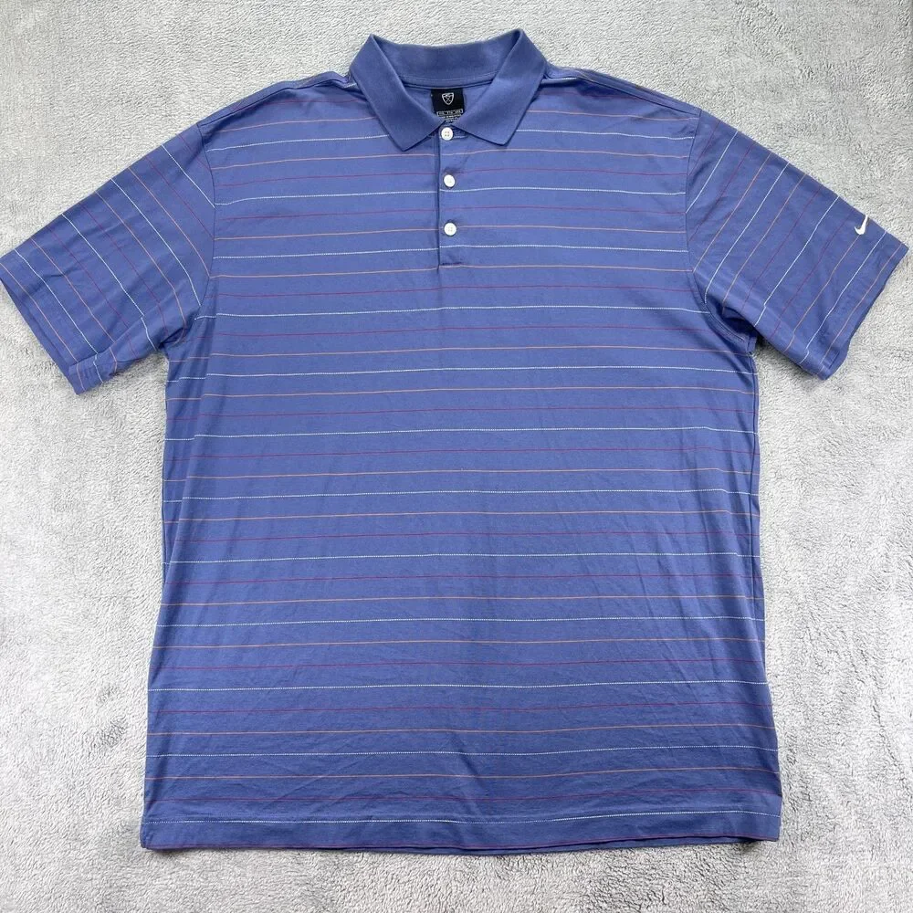 Nike Polo Shirt Mens 2XL Blue Striped Cotton Swoosh Logo Golf Tennis Resort Wear